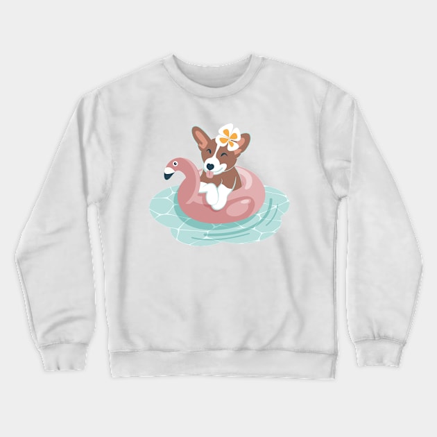 Summer pool pawty // aqua background welsh corgi dog breed in vacation playing on swimming pool Crewneck Sweatshirt by SelmaCardoso